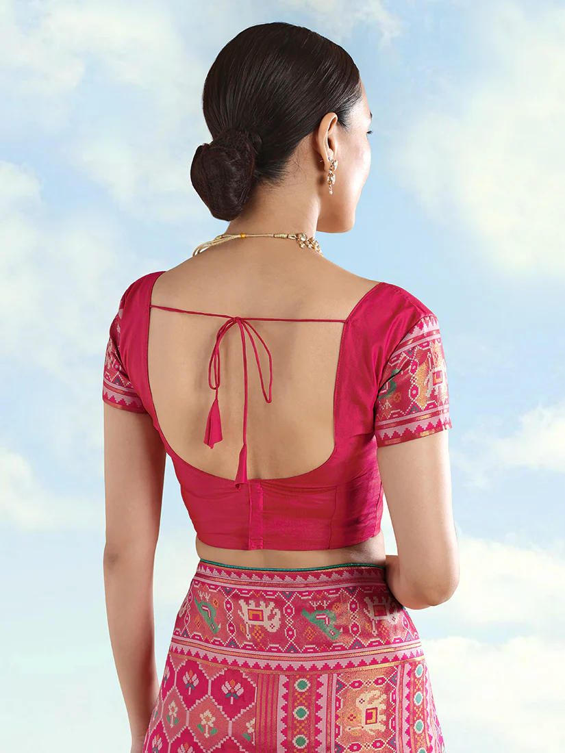 Monjolika Fashion Rani Pink Satin Silk Saree With Patola Work And Elephant Motifs - Image 6