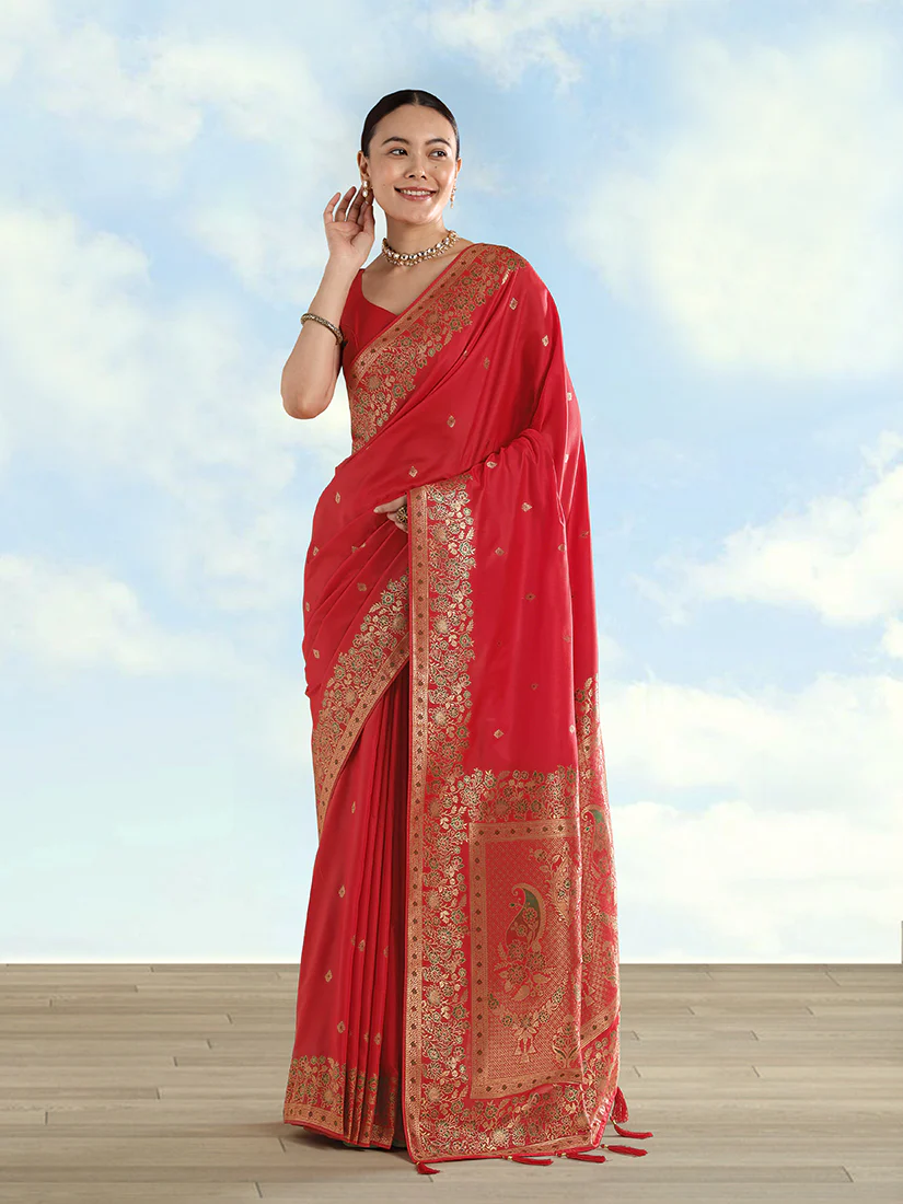 Monjolika Fashion Red Banarasi Satin Silk Saree With Zari Border And Butti Work - Image 2