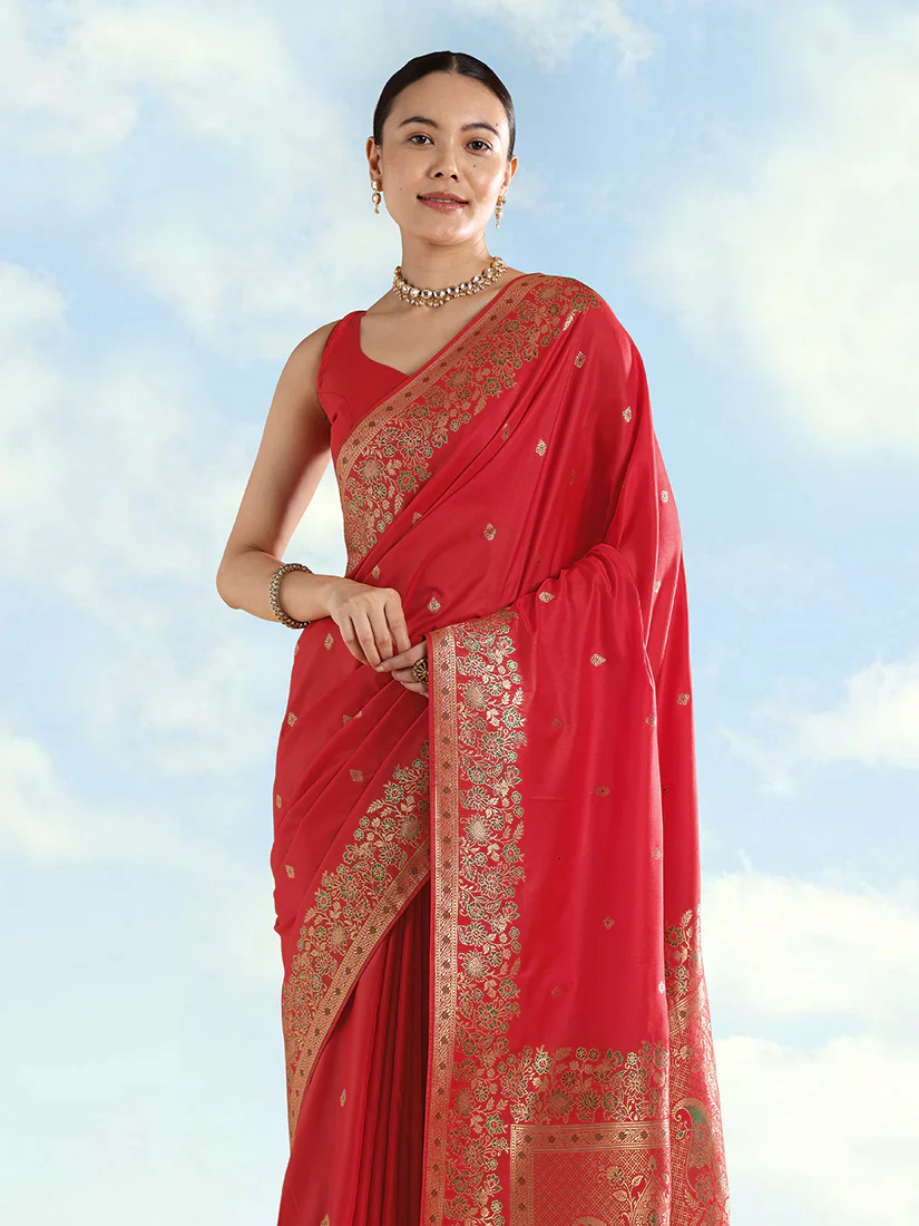 Monjolika Fashion Red Banarasi Satin Silk Saree With Zari Border And Butti Work - Image 3