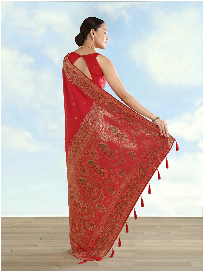 Monjolika Fashion Red Banarasi Satin Silk Saree With Zari Border And Butti Work - Image 5