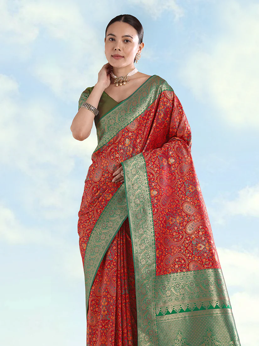 Monjolika Fashion Red Banarasi Silk Saree With Traditional Paisley Weaves - Image 2