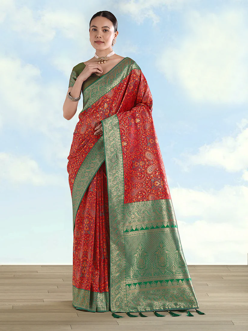 Monjolika Fashion Red Banarasi Silk Saree With Traditional Paisley Weaves - Image 3