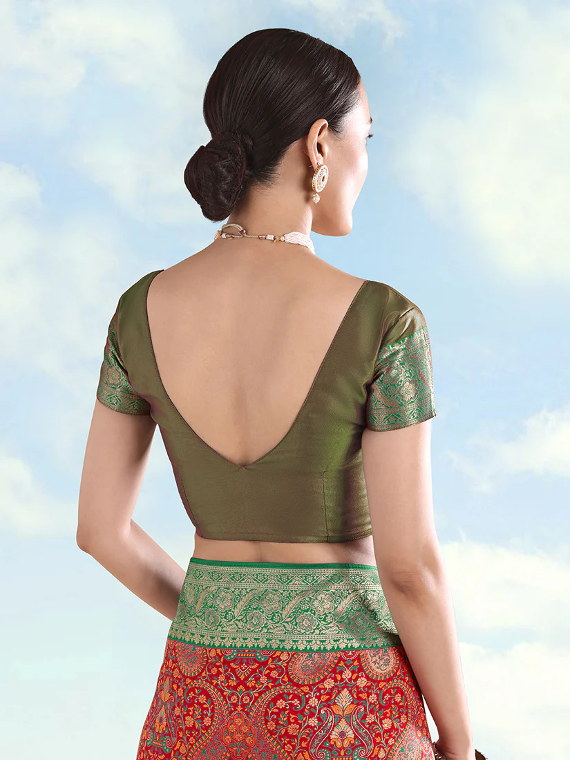 Monjolika Fashion Red Banarasi Silk Saree With Traditional Paisley Weaves - Image 6
