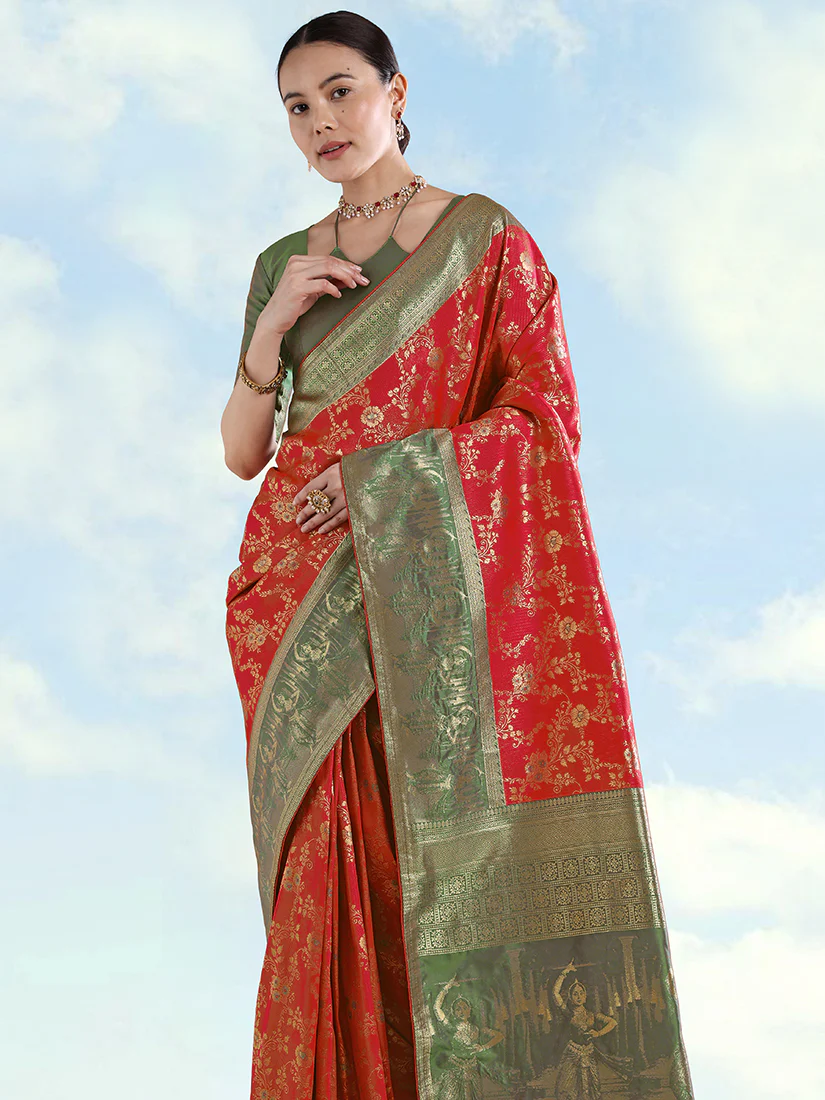 Monjolika Fashion Red Banarasi Silk Saree With Zari Woven Design - Image 3