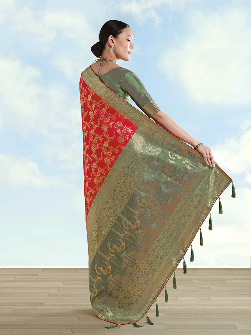 Monjolika Fashion Red Banarasi Silk Saree With Zari Woven Design - Image 4