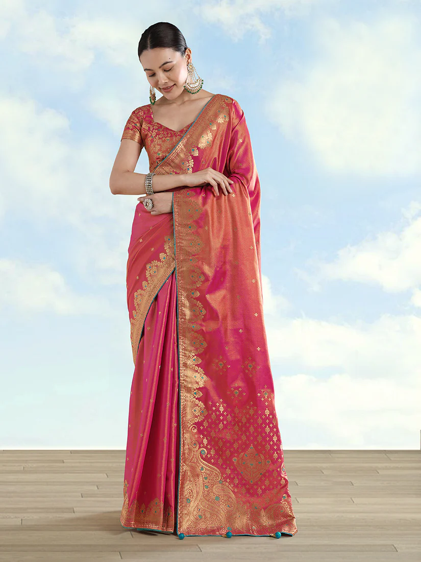 Monjolika Fashion Red Color Paisley Zari Woven Banarasi Tissue Silk Saree - Image 2