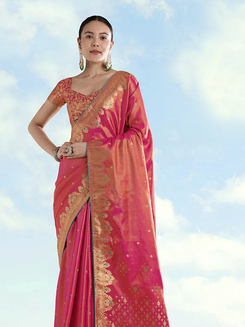 Monjolika Fashion Red Color Paisley Zari Woven Banarasi Tissue Silk Saree - Image 3