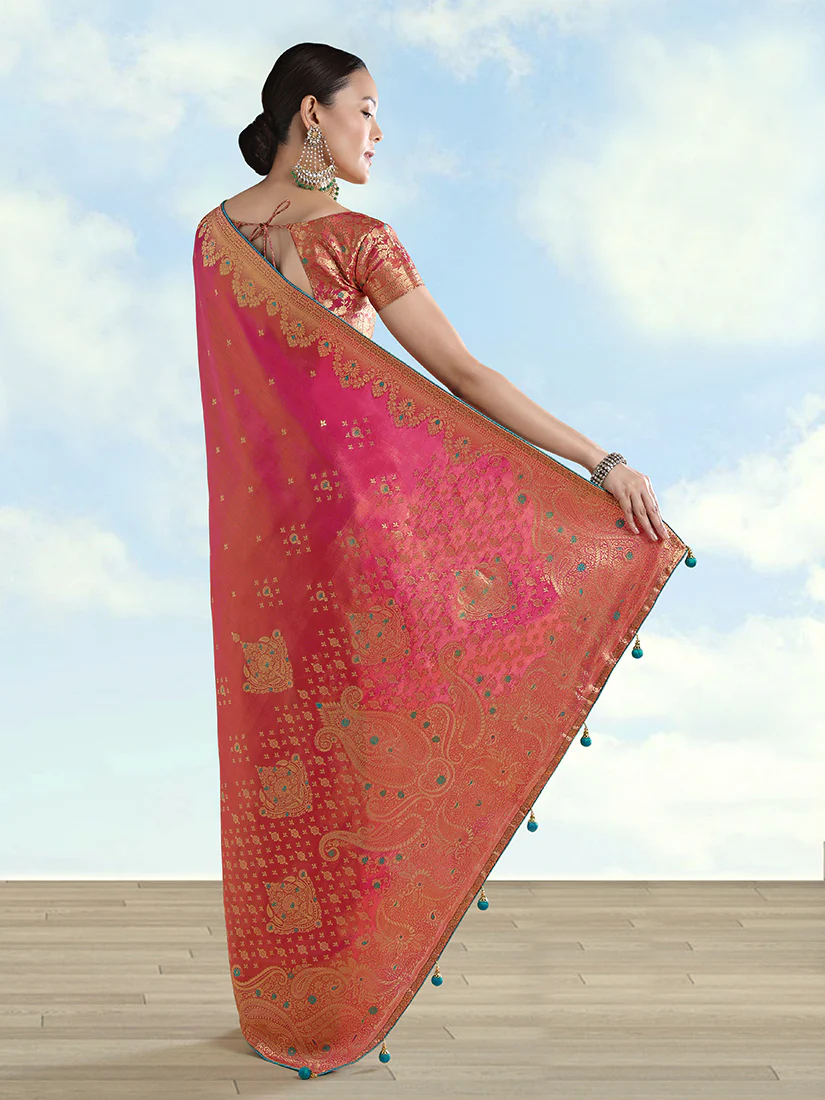 Monjolika Fashion Red Color Paisley Zari Woven Banarasi Tissue Silk Saree - Image 4