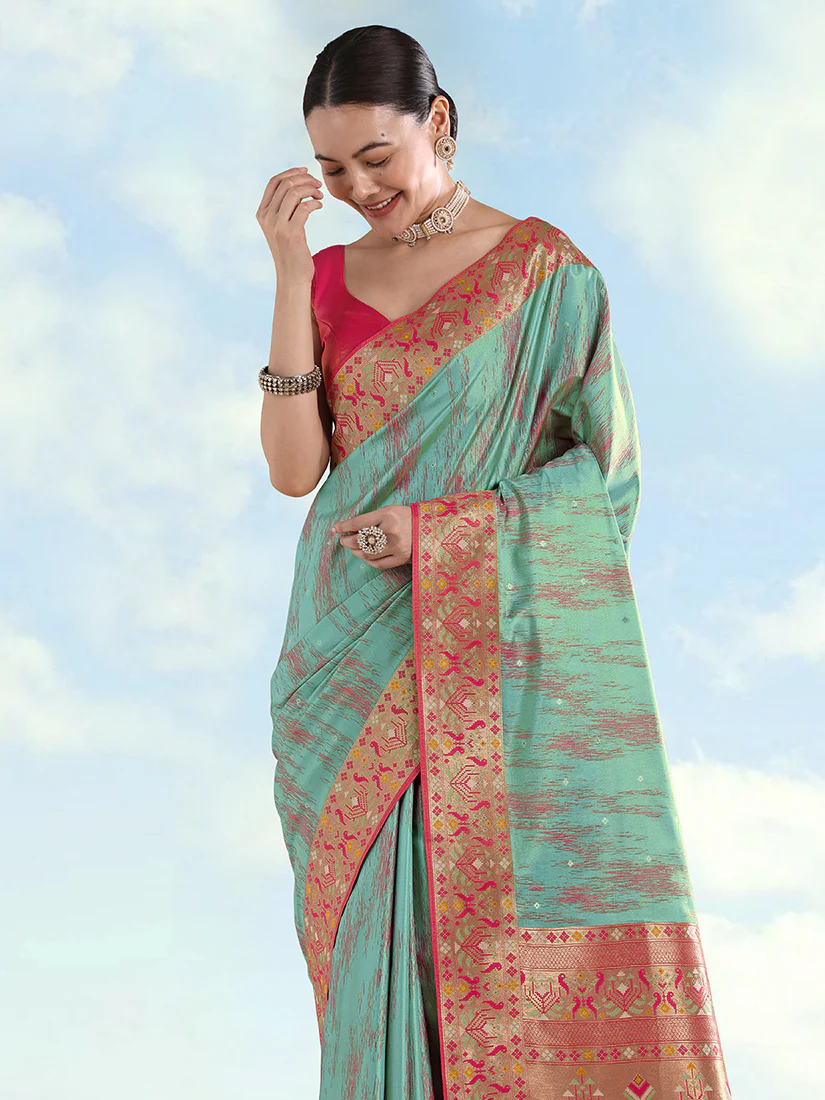 Monjolika Fashion Sky Blue Color Banarasi Tissue Silk Paithani Woven Saree - Image 2
