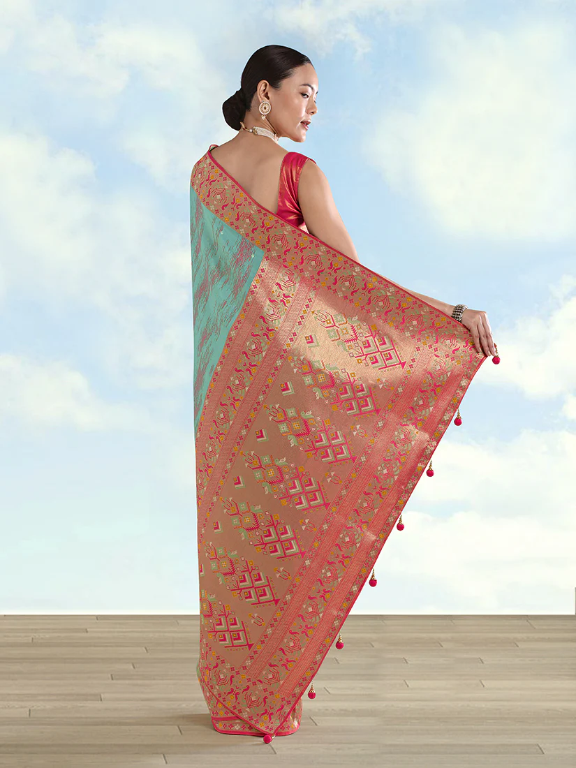 Monjolika Fashion Sky Blue Color Banarasi Tissue Silk Paithani Woven Saree - Image 4