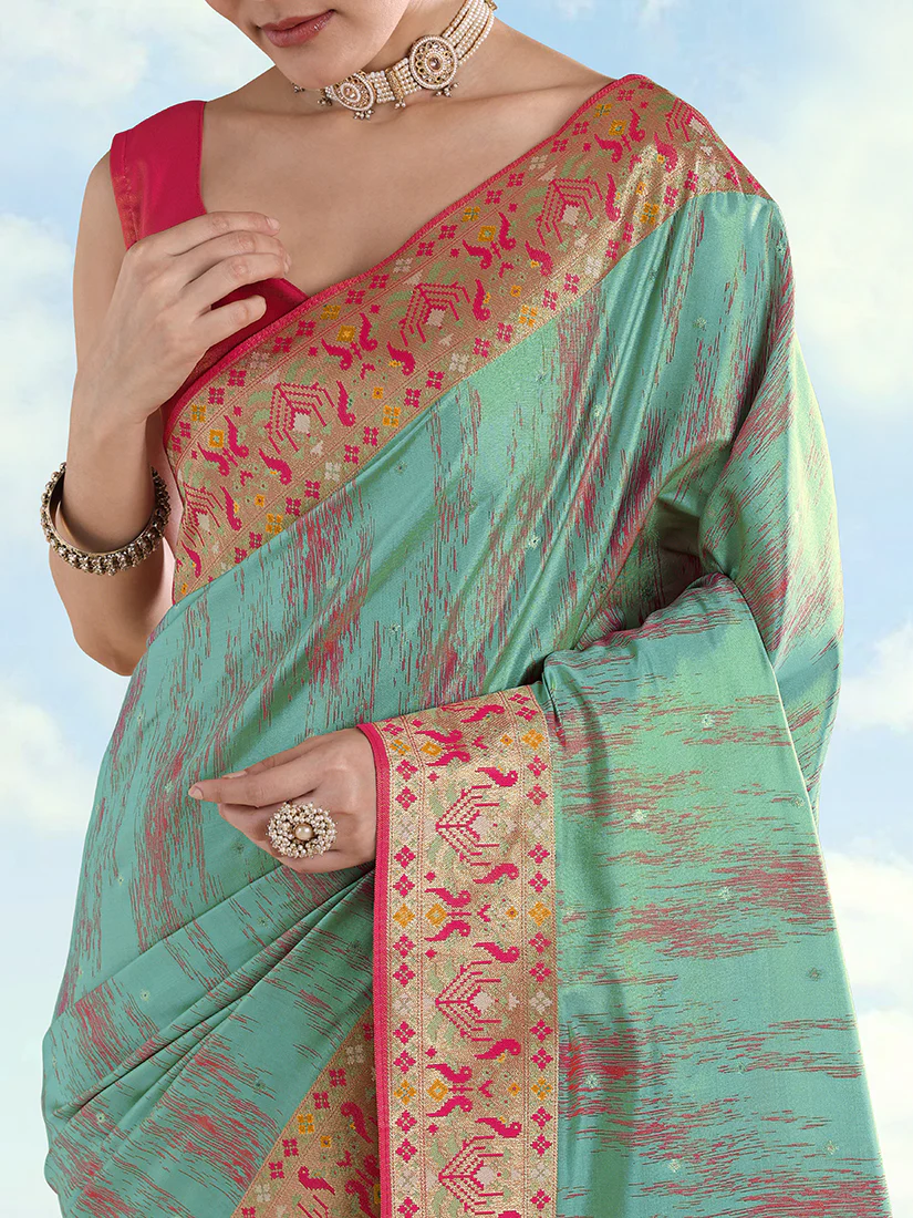 Monjolika Fashion Sky Blue Color Banarasi Tissue Silk Paithani Woven Saree - Image 5