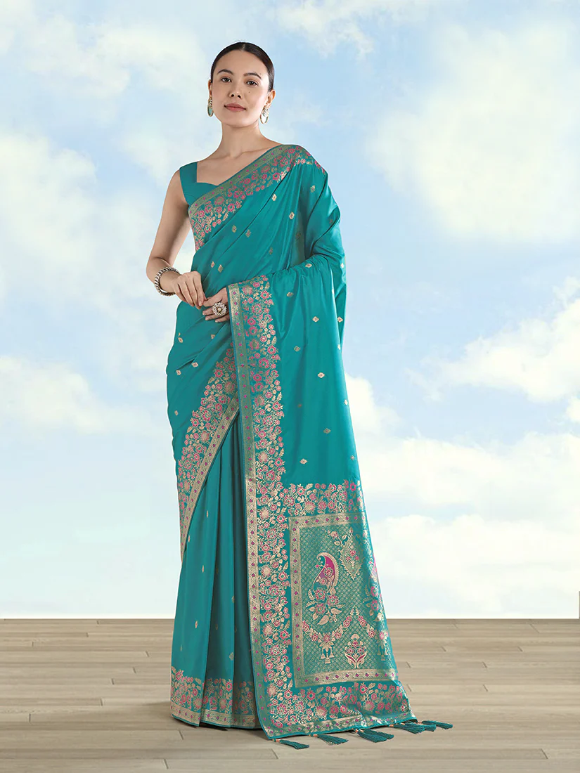 Monjolika Fashion Turquoise Banarasi Satin Silk Saree With Zari Border And Butti Work - Image 2