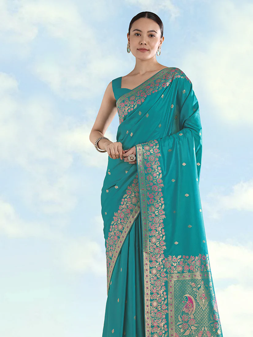 Monjolika Fashion Turquoise Banarasi Satin Silk Saree With Zari Border And Butti Work - Image 3