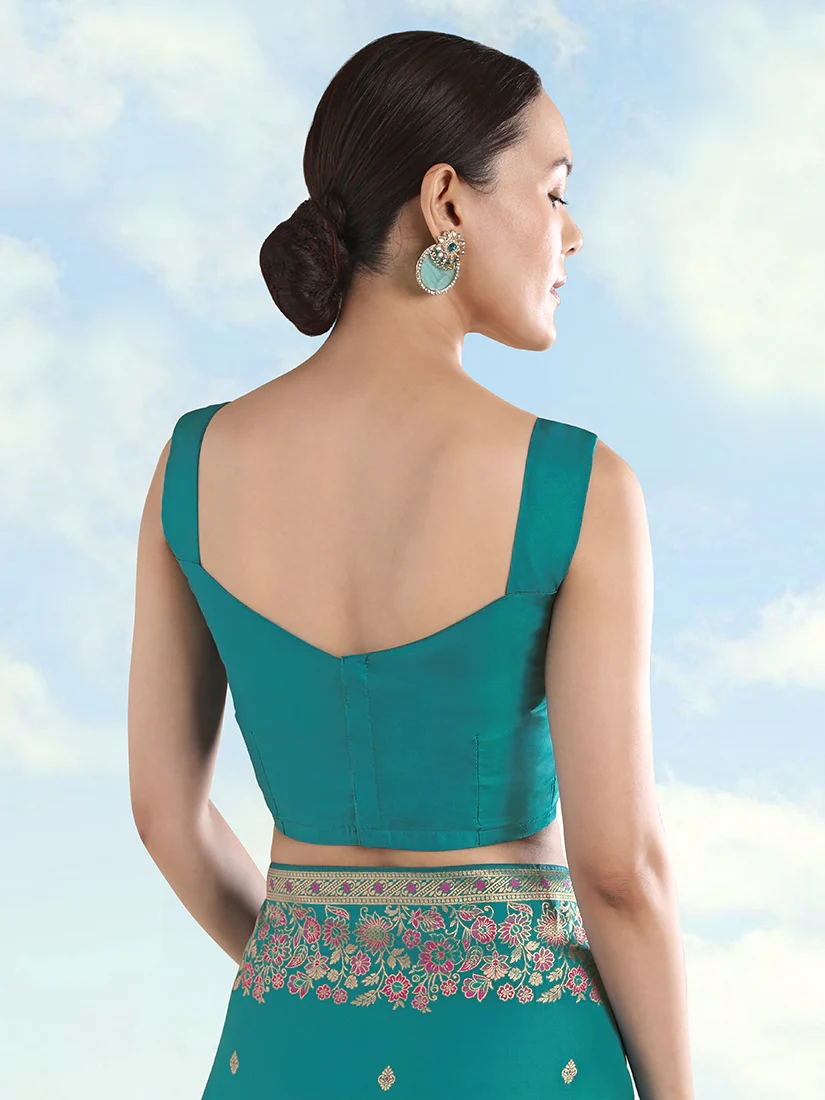 Monjolika Fashion Turquoise Banarasi Satin Silk Saree With Zari Border And Butti Work - Image 4
