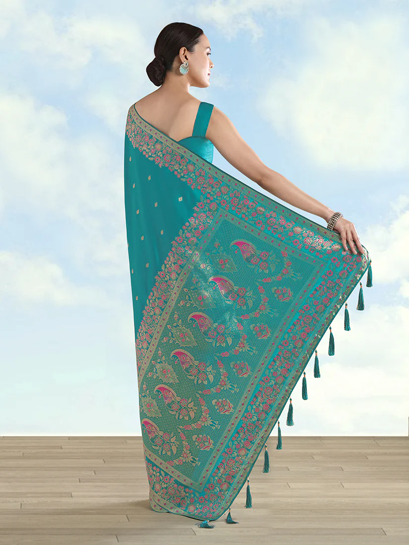 Monjolika Fashion Turquoise Banarasi Satin Silk Saree With Zari Border And Butti Work - Image 5