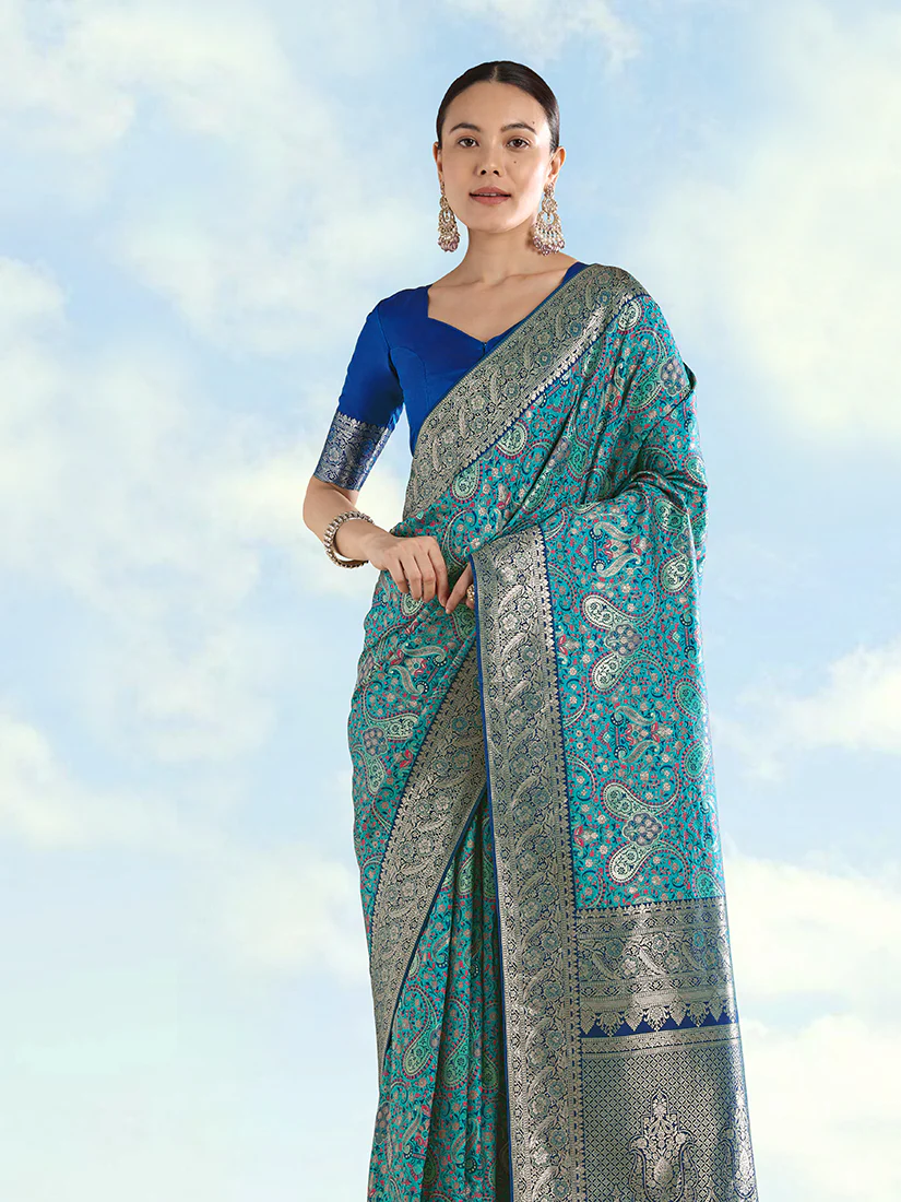 Monjolika Fashion Turquoise Banarasi Silk Saree With Traditional Paisley Weaves - Image 3