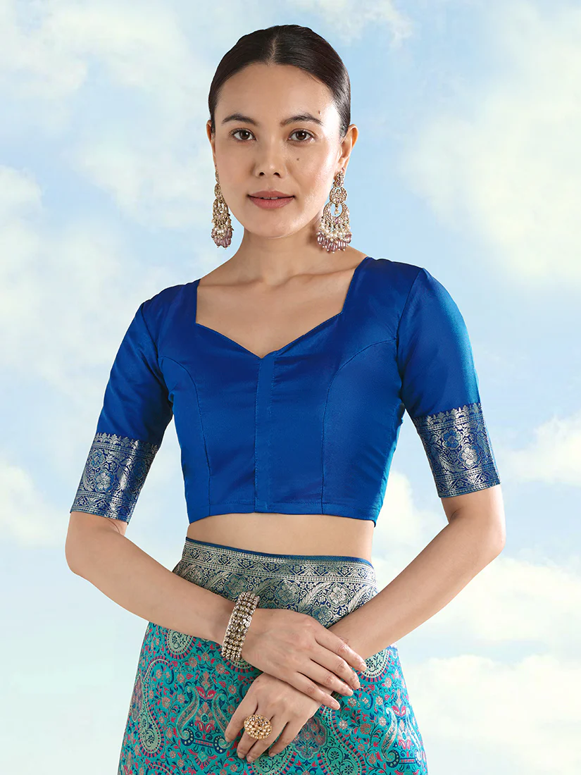 Monjolika Fashion Turquoise Banarasi Silk Saree With Traditional Paisley Weaves - Image 4