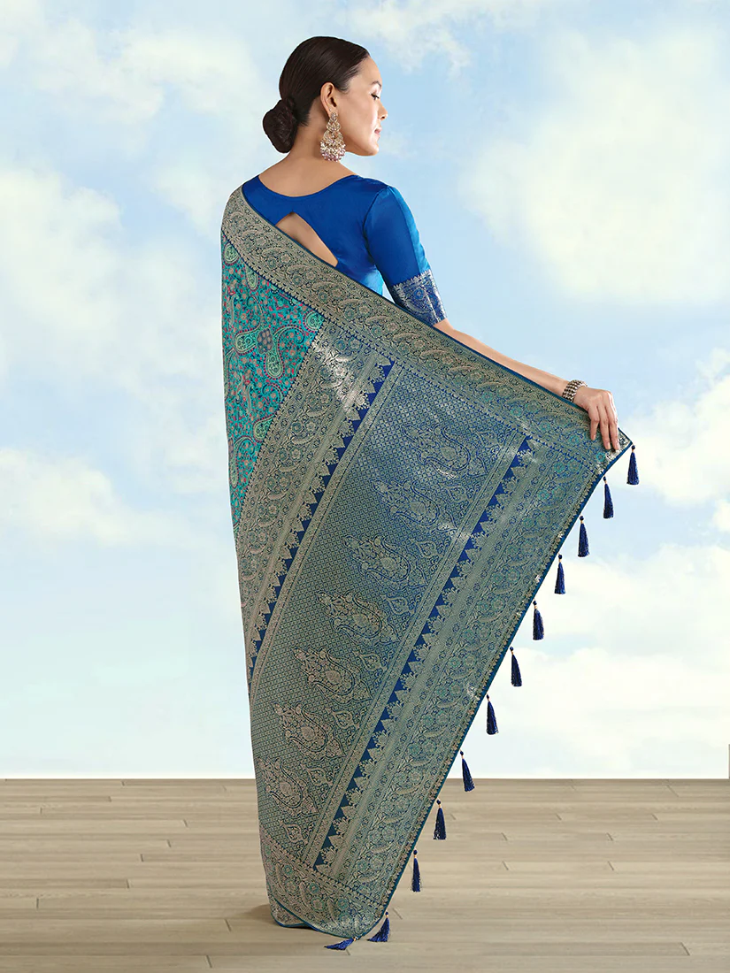 Monjolika Fashion Turquoise Banarasi Silk Saree With Traditional Paisley Weaves - Image 5