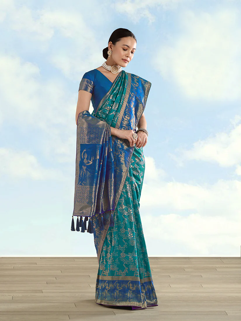 Monjolika Fashion Turquoise Banarasi Silk Saree With Zari Woven Design - Image 2