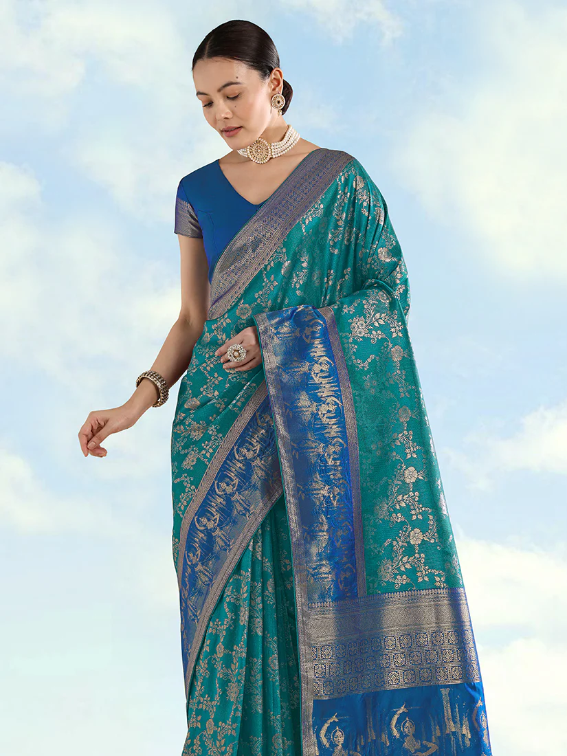 Monjolika Fashion Turquoise Banarasi Silk Saree With Zari Woven Design - Image 4