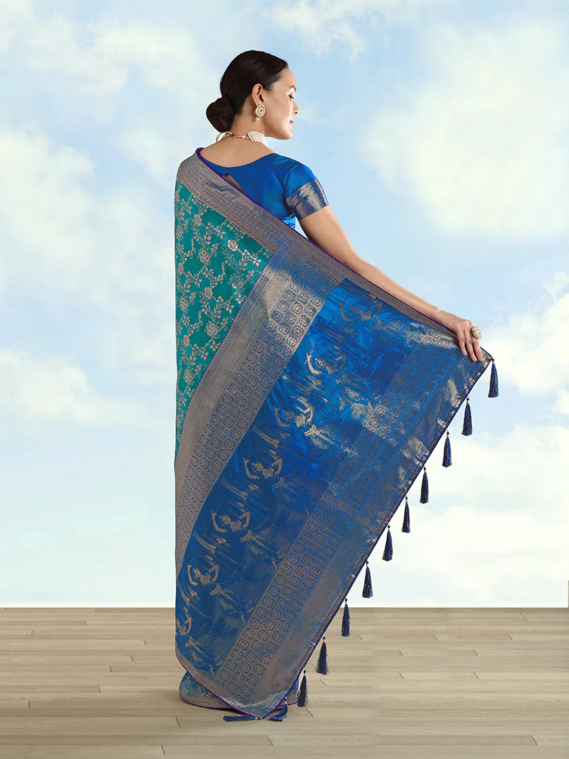 Monjolika Fashion Turquoise Banarasi Silk Saree With Zari Woven Design - Image 5