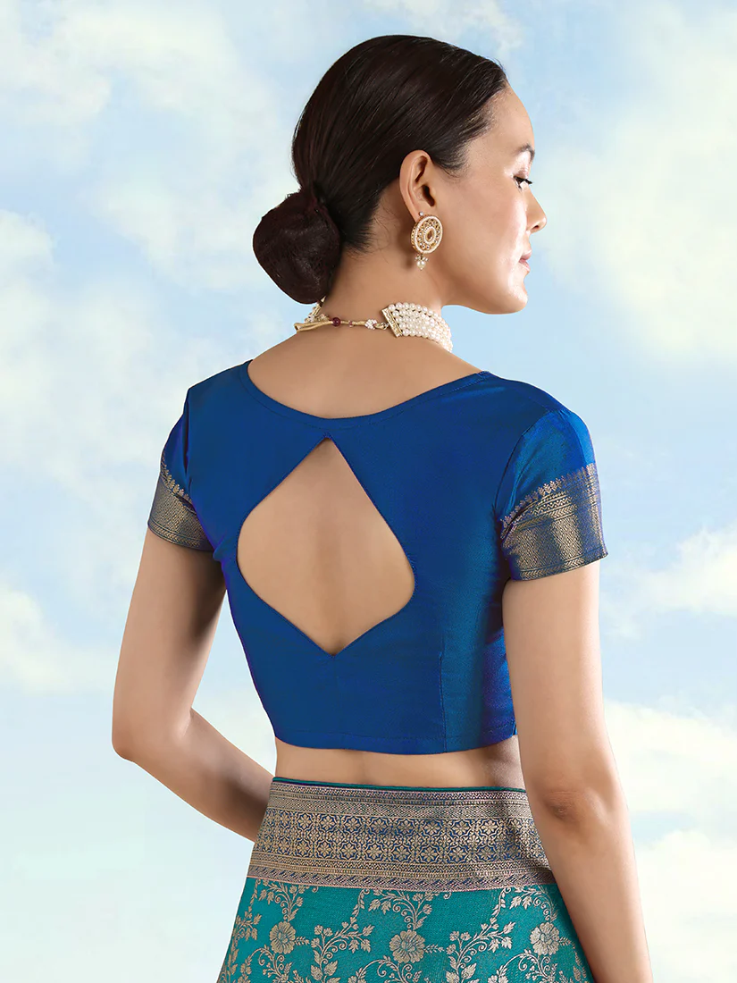 Monjolika Fashion Turquoise Banarasi Silk Saree With Zari Woven Design - Image 6