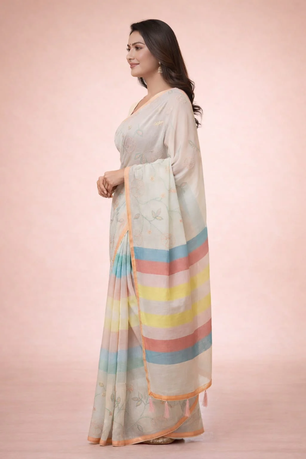 Morchari Mal Chanderi All Over kantha Work With Unstitched Blouse - Image 3