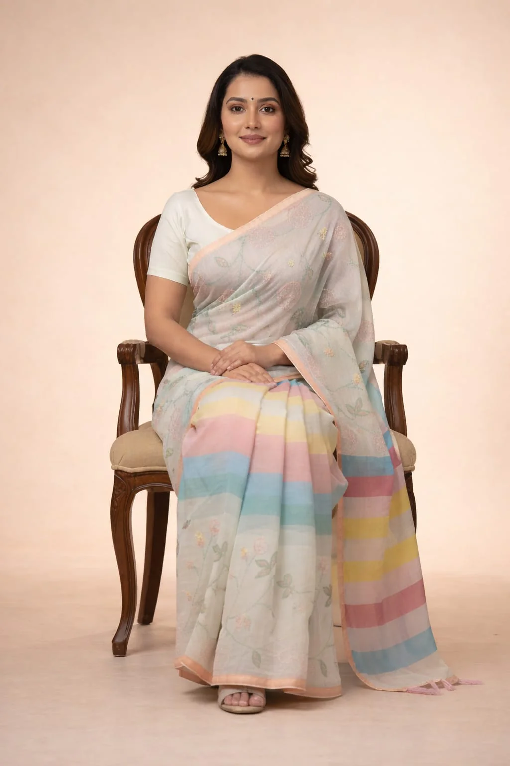 Morchari Mal Chanderi All Over kantha Work With Unstitched Blouse - Image 4