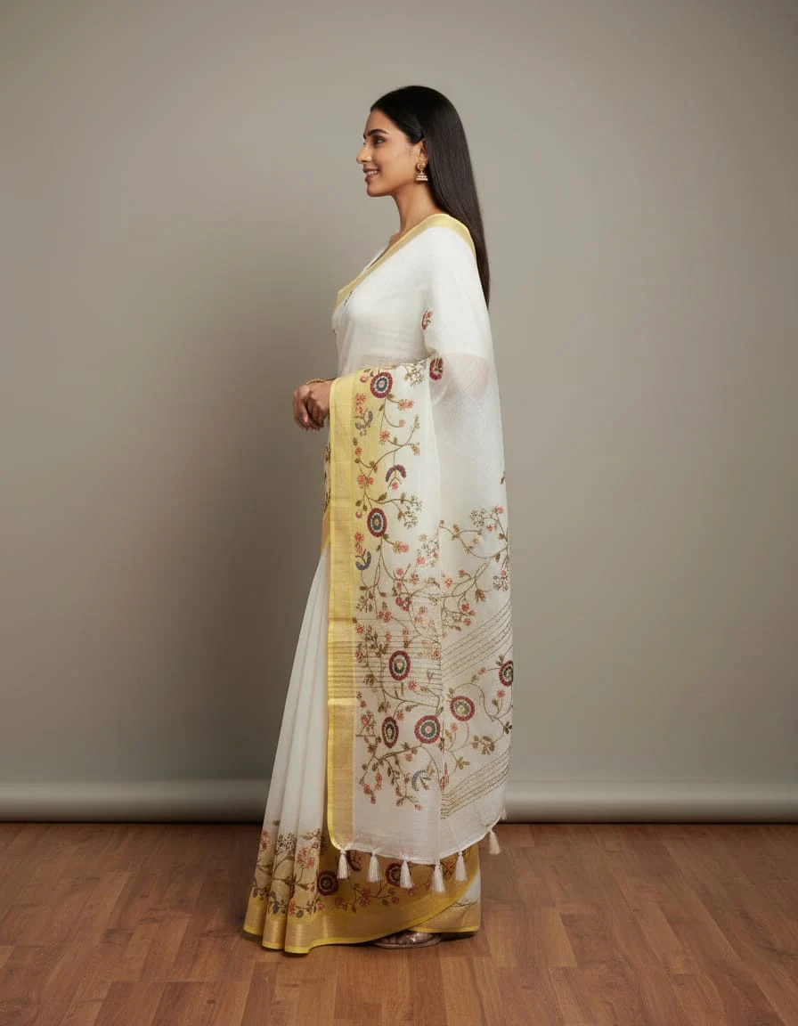 Morchari Mal Chanderi with all over Kantha Hand Work Saree - Image 3