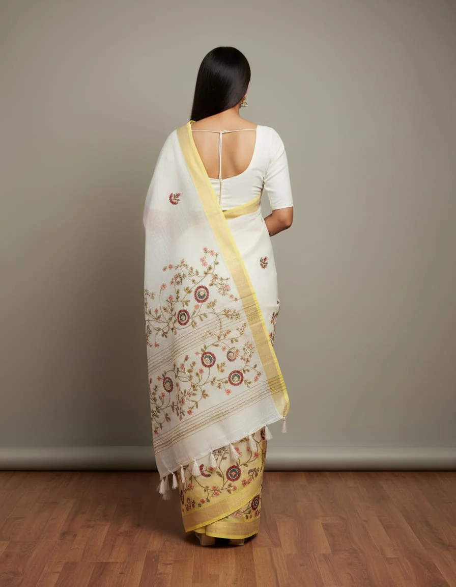 Morchari Mal Chanderi with all over Kantha Hand Work Saree - Image 4