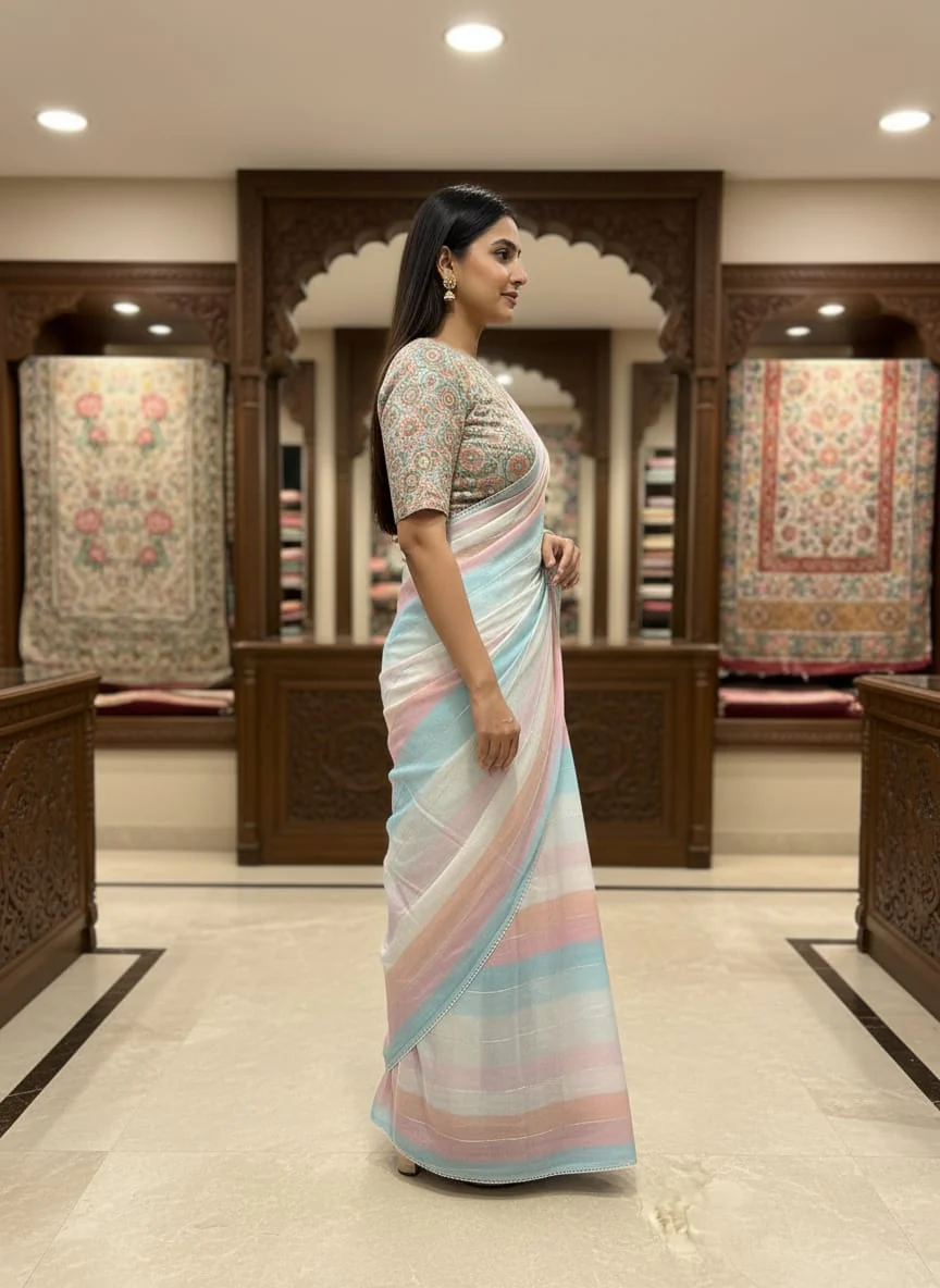 Morchari Multicolour saree with heavy unstitched blouse piece - Image 3