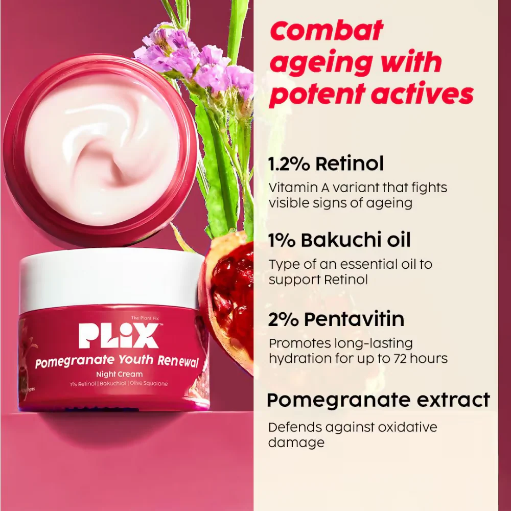 PLIX The Plant Fix 1.20% Retinol & 1% Bakuchi Oil Pomegranate Anti Ageing Night Cream - Image 4