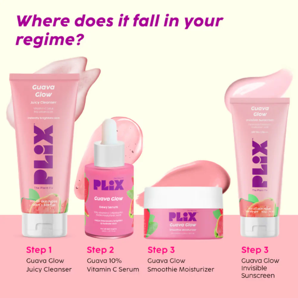 PLIX The Plant Fix Guava Glow Regime With Cleanser With 10% Vitamin C Serum & Invisible Sunscreen - Image 3
