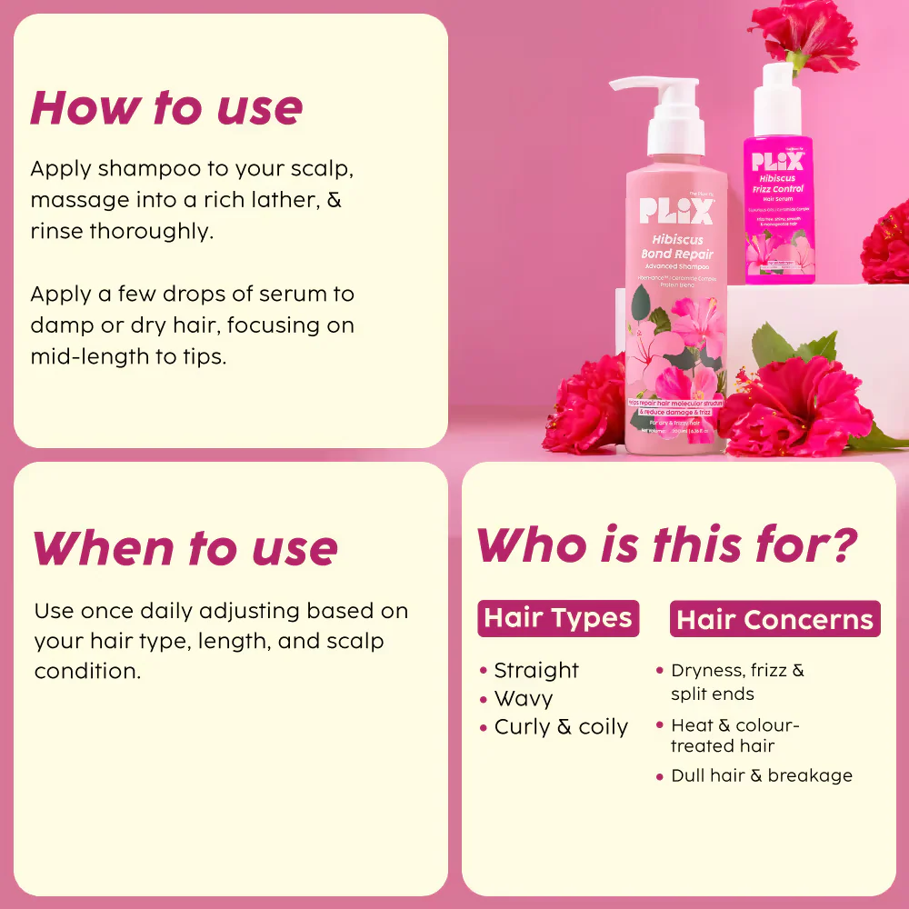 PLIX The Plant Fix Hibiscus Frizz Control Hair Serum + Bond Repair Advanced Shampoo - Image 3