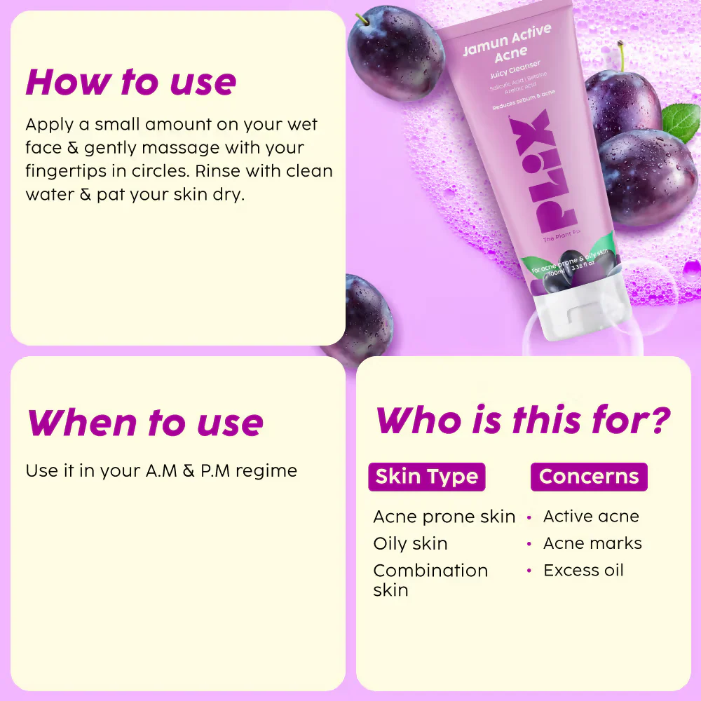 PLIX The Plant Fix Jamun Active Acne Regime - Cleanser, Acne Mark Serum, Moisturizer & Body Wash For Women & Men - Image 3