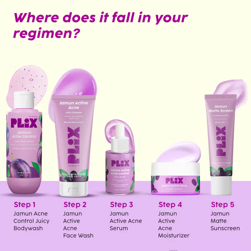 PLIX The Plant Fix Jamun Active Acne Regime - Cleanser, Acne Mark Serum, Moisturizer & Body Wash For Women & Men - Image 7