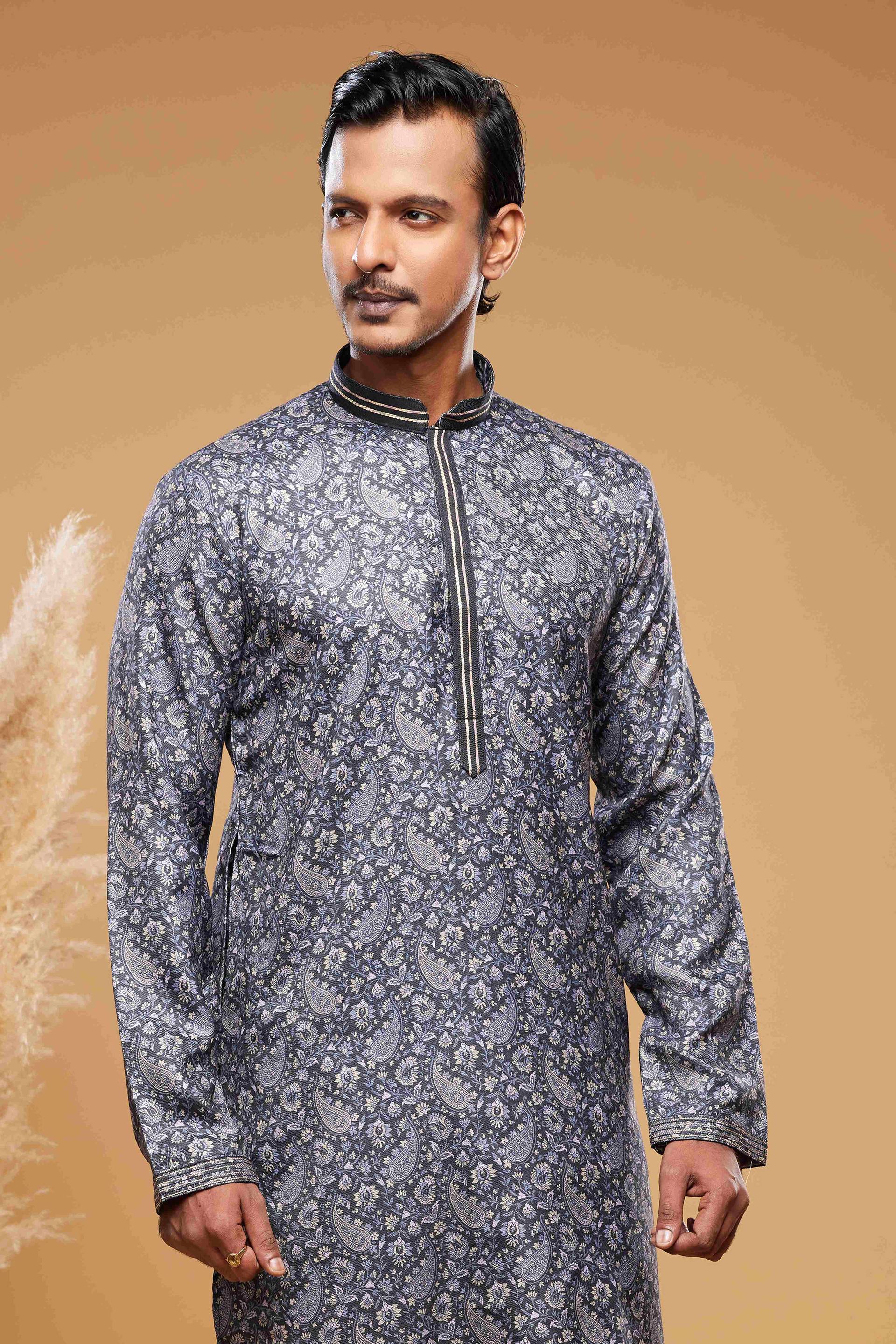 Raivat Ethnic Art Silk Digital Print Pintux Work Kurta Pajama In Blue And Grey Colour - Image 2