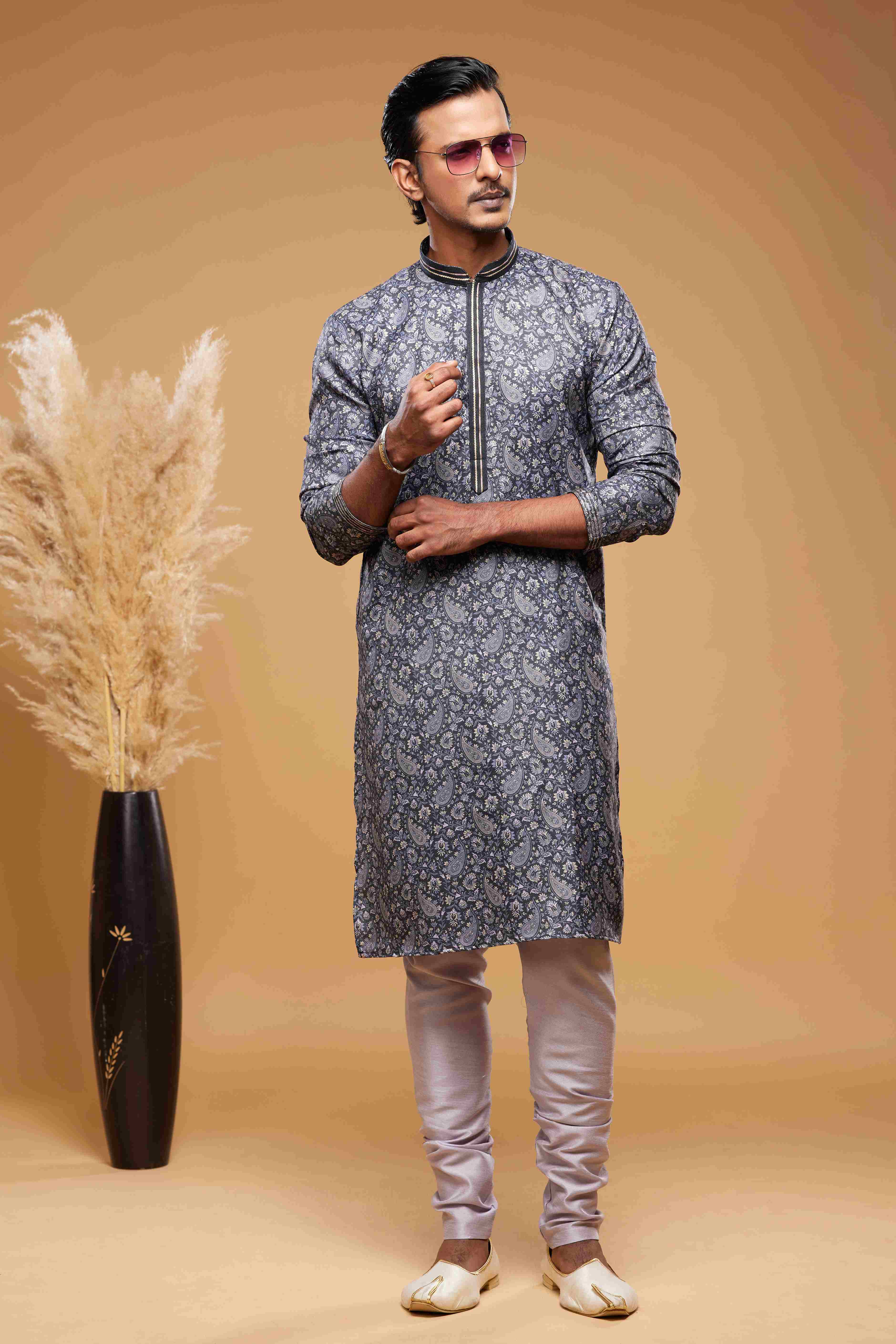 Raivat Ethnic Art Silk Digital Print Pintux Work Kurta Pajama In Blue And Grey Colour - Image 3