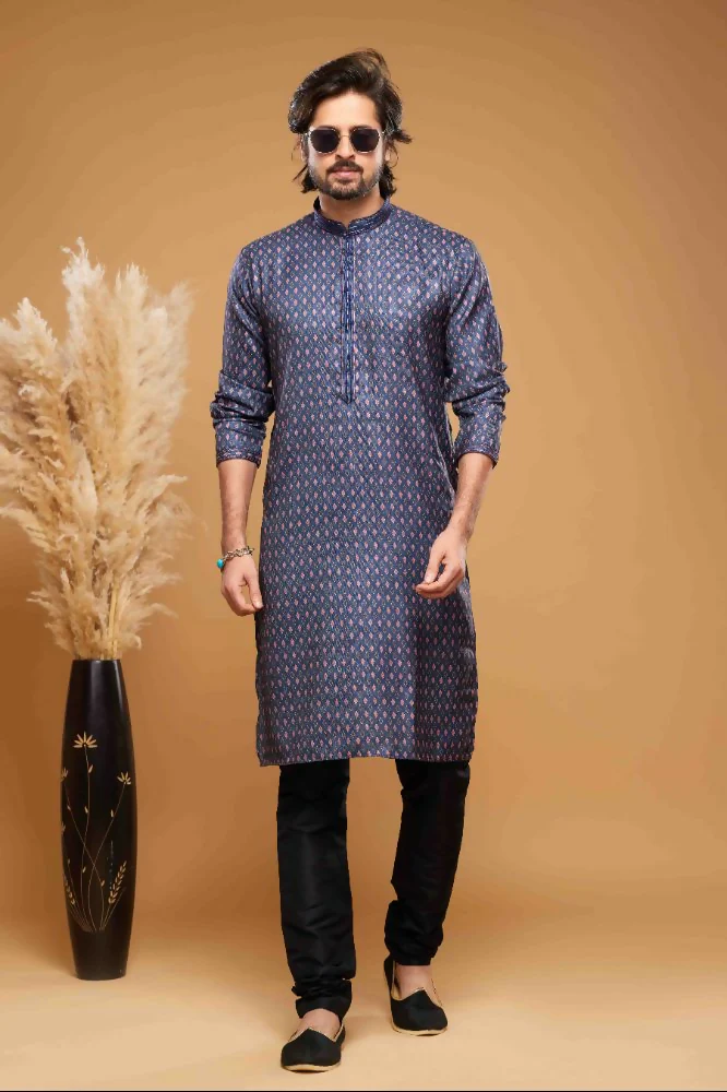 Raivat Ethnic Art Silk Digital Print Pintux Work Kurta Pajama In Blue Colour