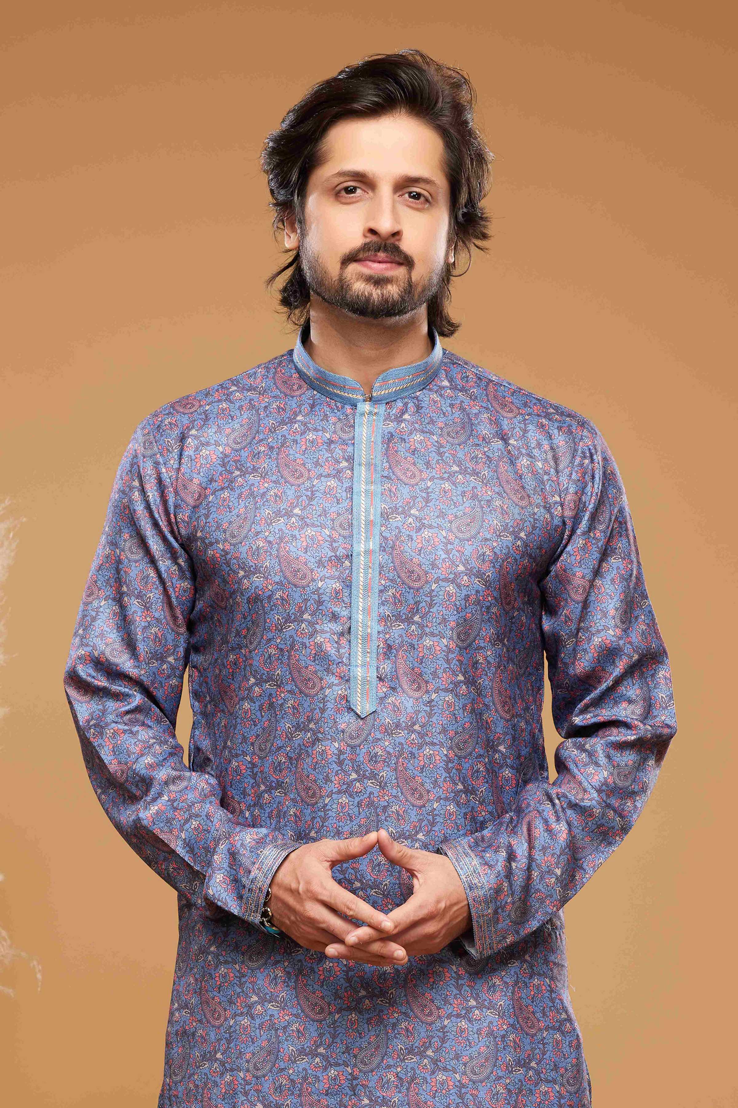 Raivat Ethnic Art Silk Digital Print Pintux Work Kurta Pajama In Blue Colour - Image 2