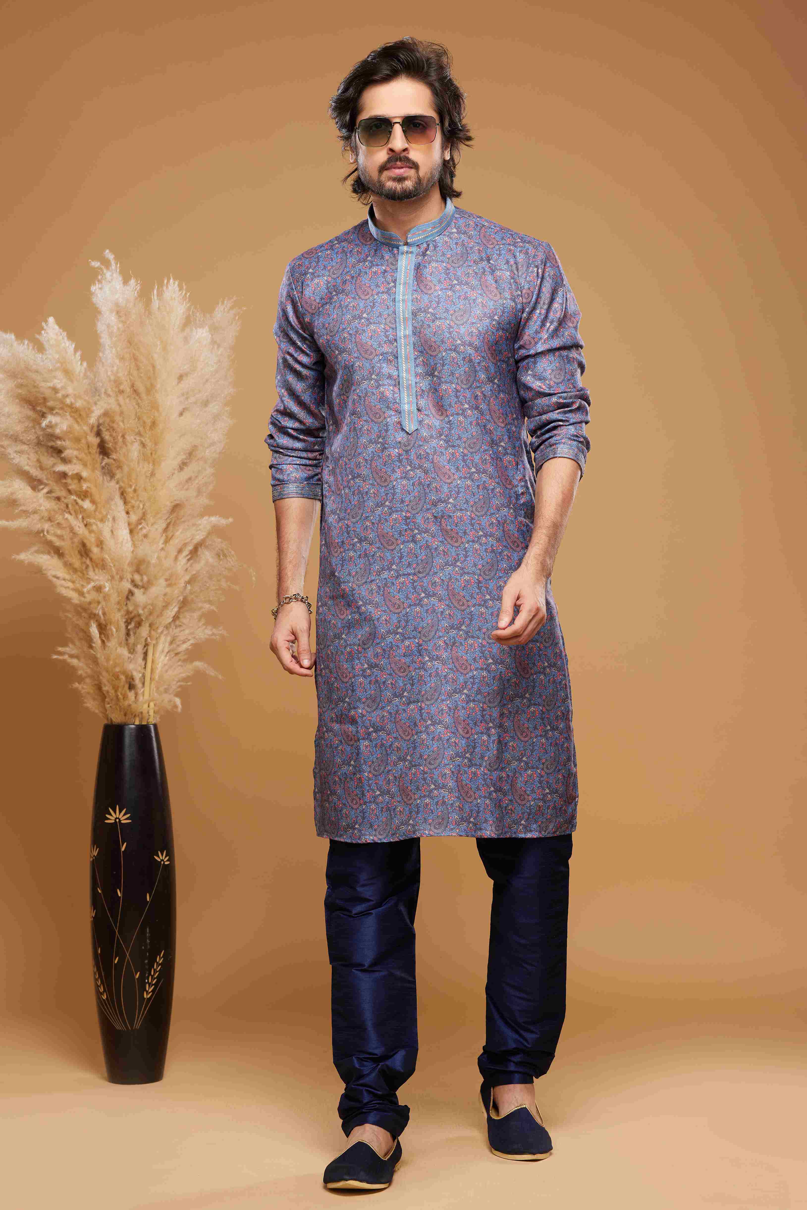 Raivat Ethnic Art Silk Digital Print Pintux Work Kurta Pajama In Blue Colour - Image 3