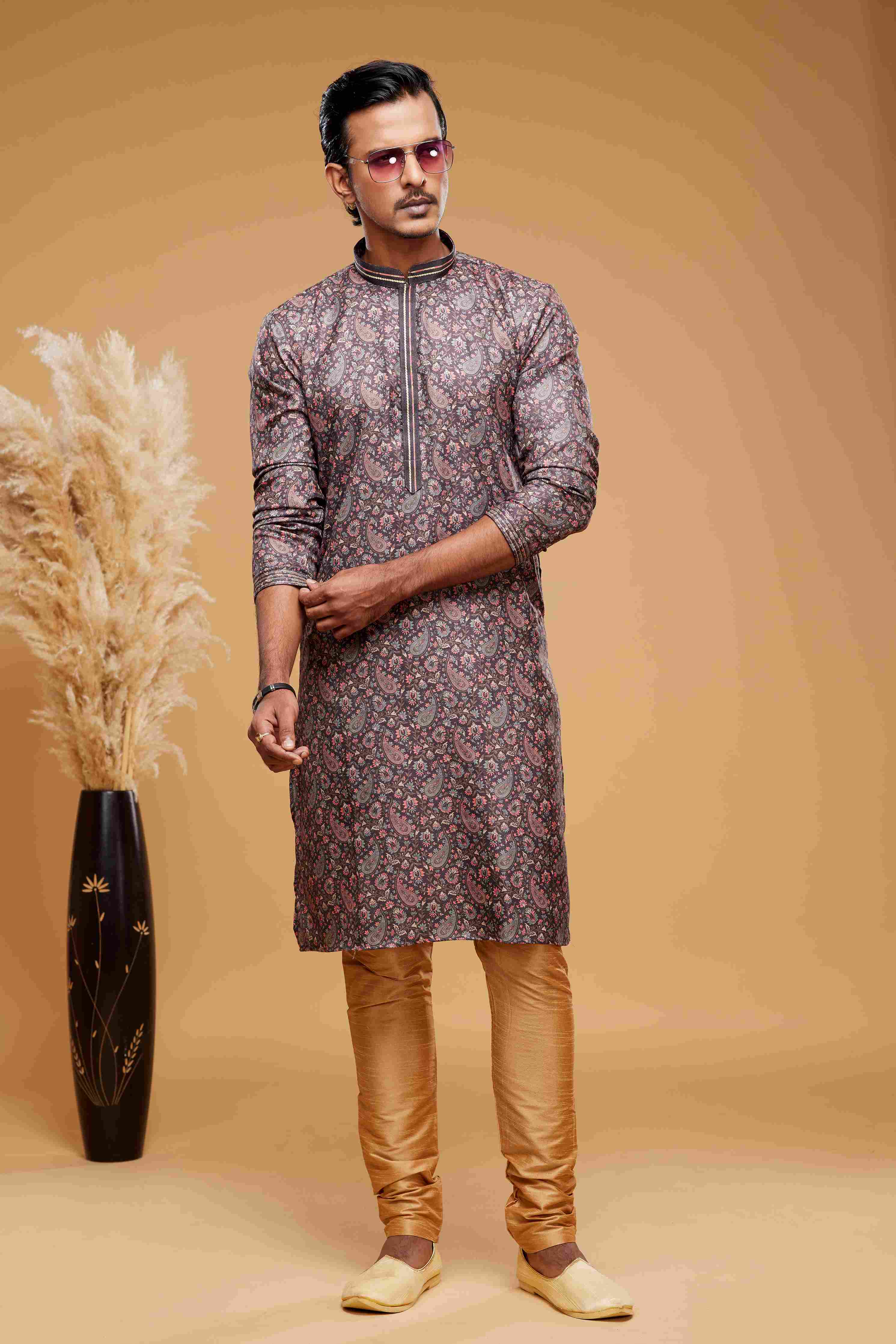 Raivat Ethnic Art Silk Digital Print Pintux Work Kurta Pajama In Brown Colour - Image 2