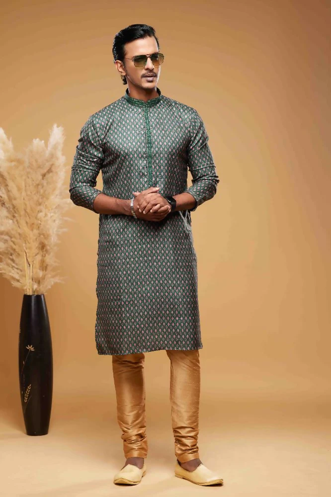 Raivat Ethnic Art Silk Digital Print Pintux Work Kurta Pajama In Green Colour