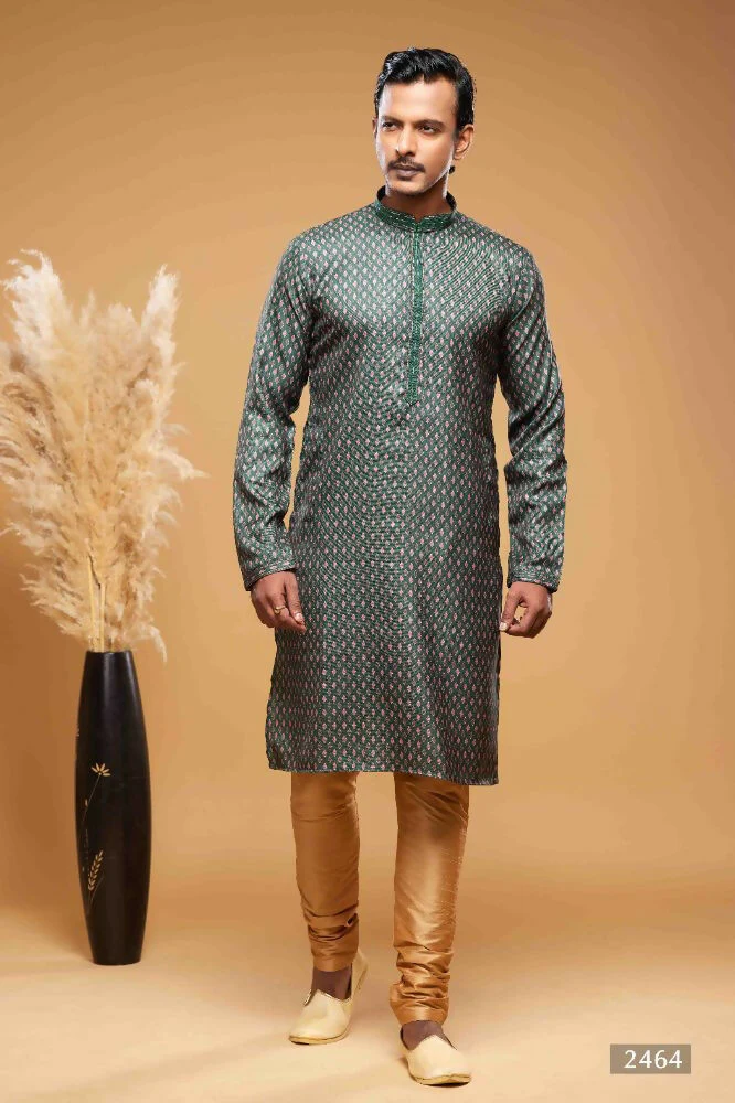 Raivat Ethnic Art Silk Digital Print Pintux Work Kurta Pajama In Green Colour - Image 3