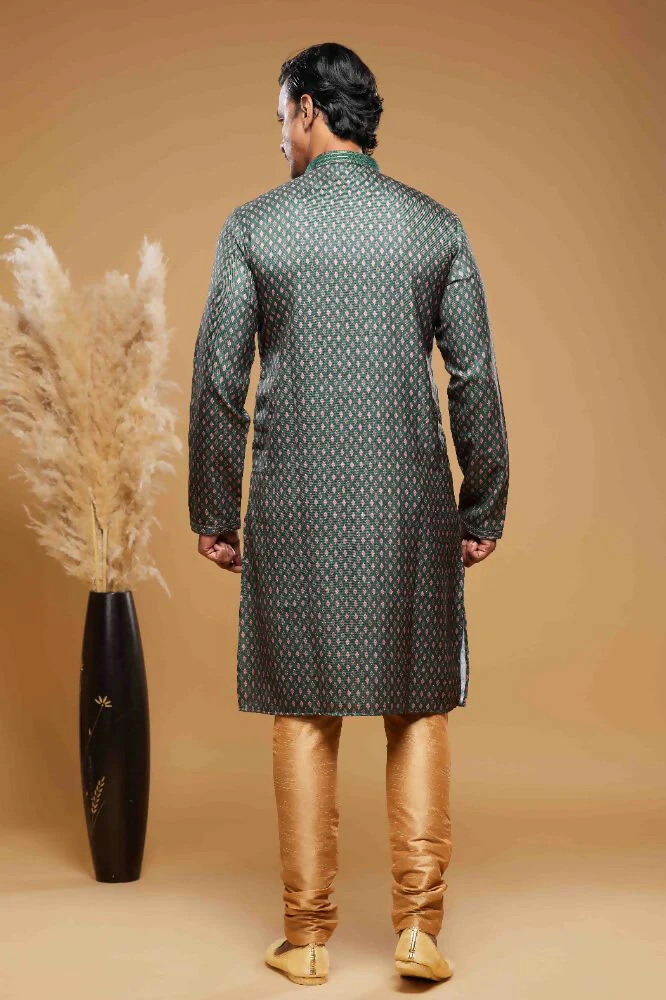Raivat Ethnic Art Silk Digital Print Pintux Work Kurta Pajama In Green Colour - Image 4