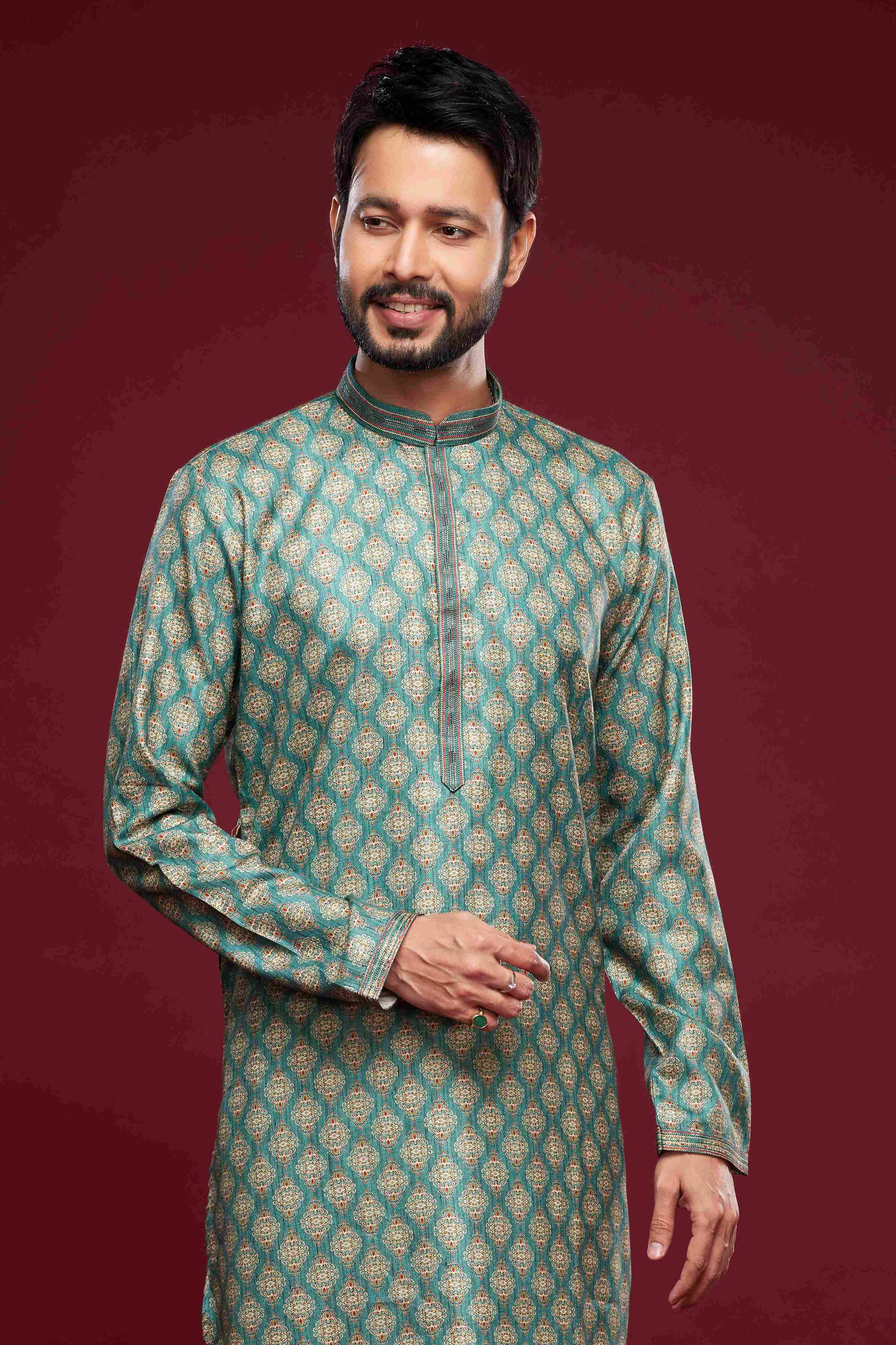 Raivat Ethnic Art Silk Digital Print Pintux Work Kurta Pajama In Green Colour - Image 2