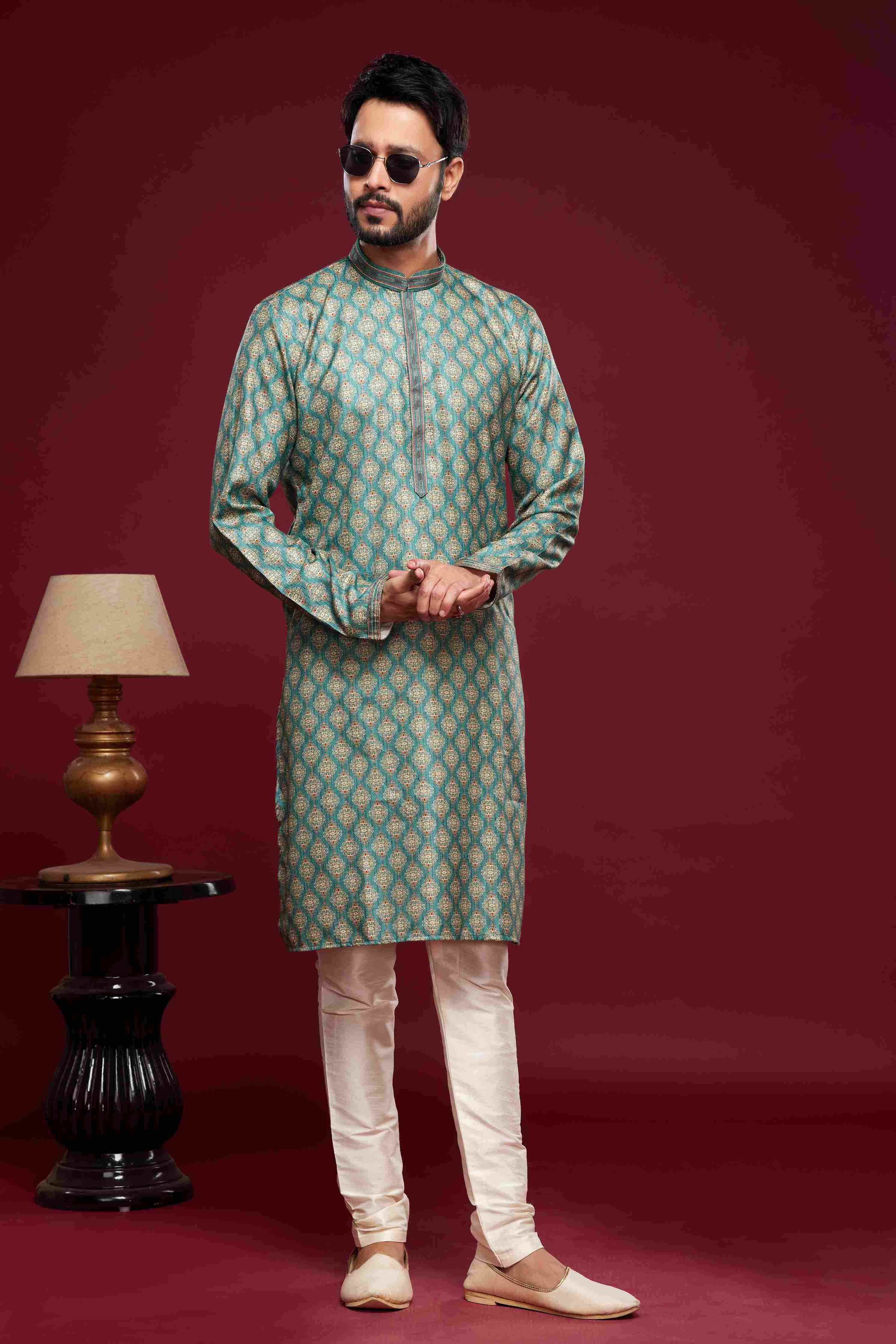 Raivat Ethnic Art Silk Digital Print Pintux Work Kurta Pajama In Green Colour - Image 3