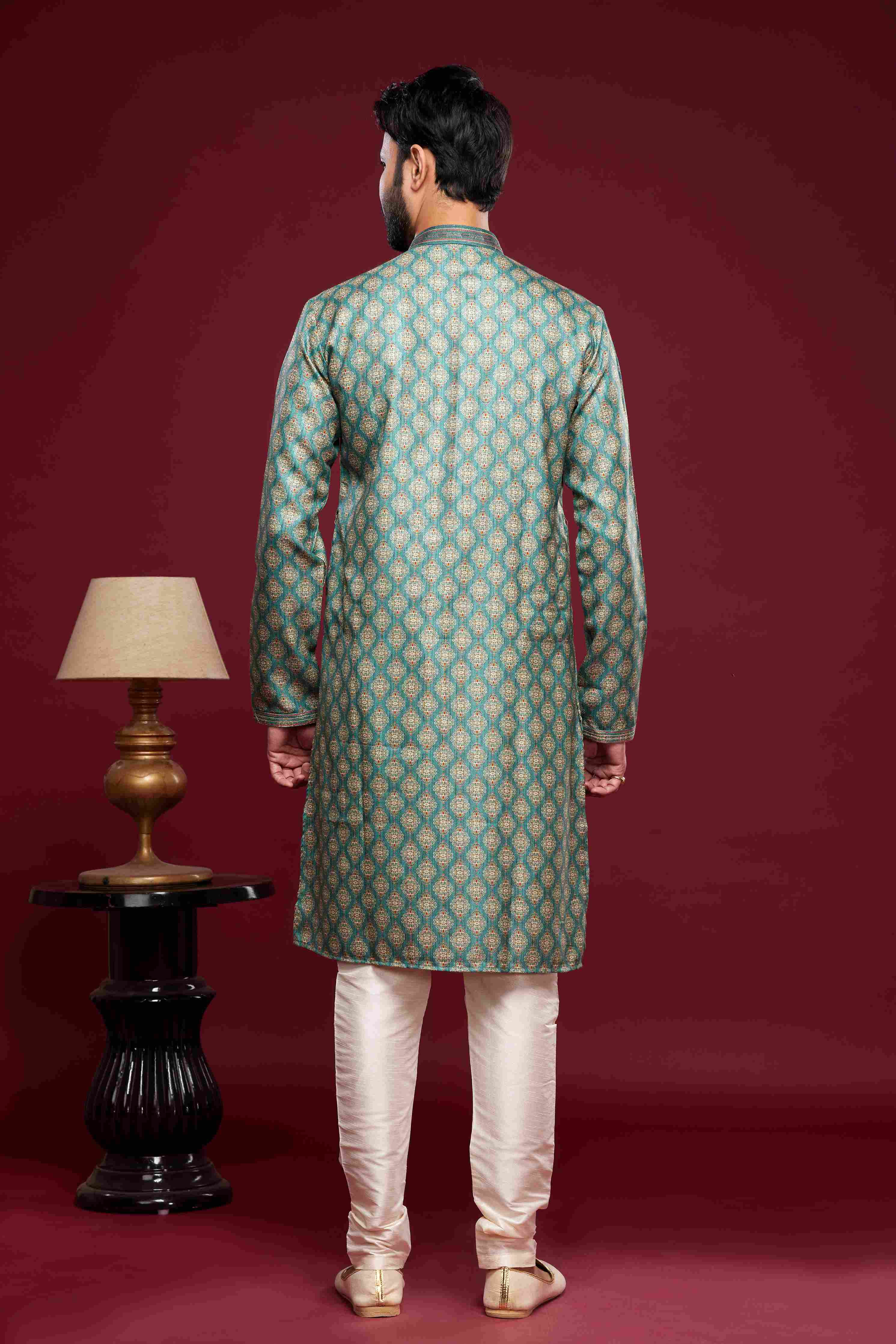 Raivat Ethnic Art Silk Digital Print Pintux Work Kurta Pajama In Green Colour - Image 4