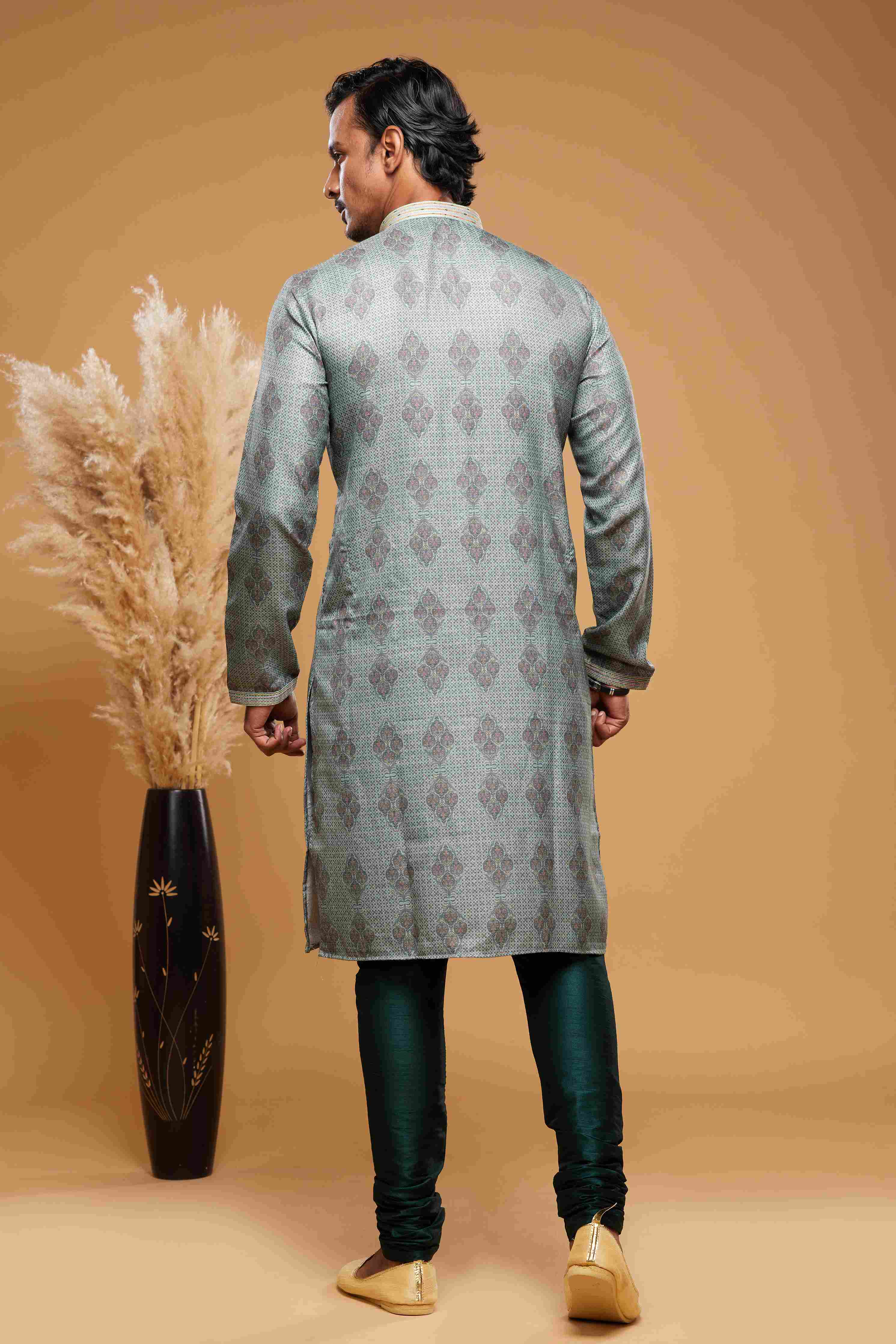 Raivat Ethnic Art Silk Digital Print Pintux Work Kurta Pajama In Green Colour - Image 4