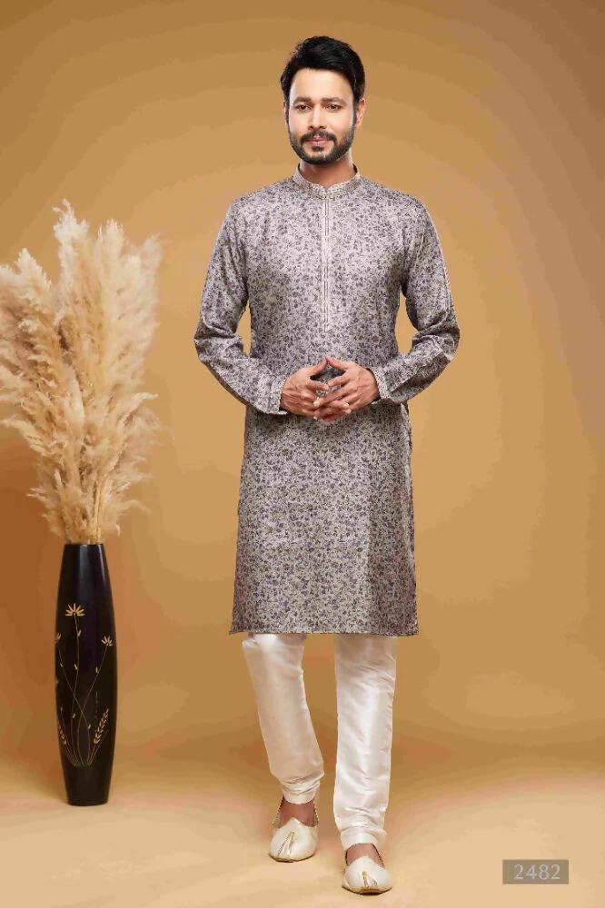 Raivat Ethnic Art Silk Digital Print Pintux Work Kurta Pajama In Grey Colour